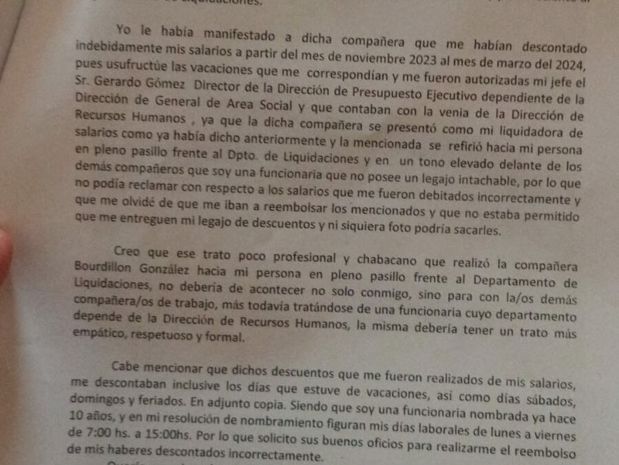 Funcionaria municipal denuncia descuentos compulsivos e irregulares.
